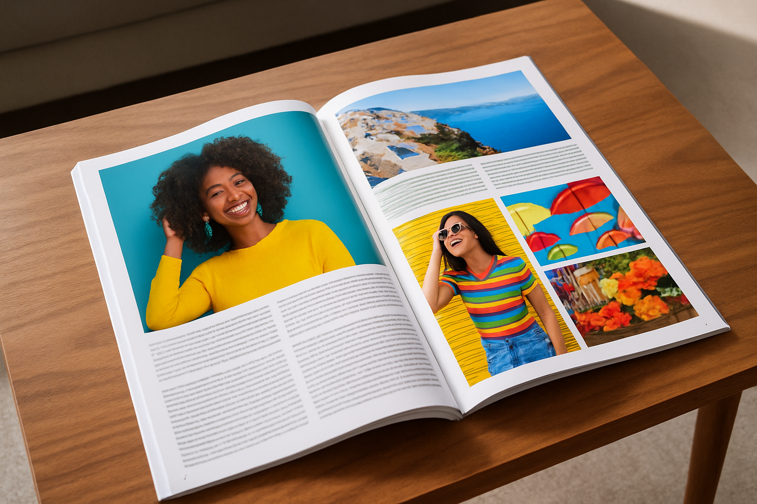 Open magazine laying on coffee table with vibrant pictures