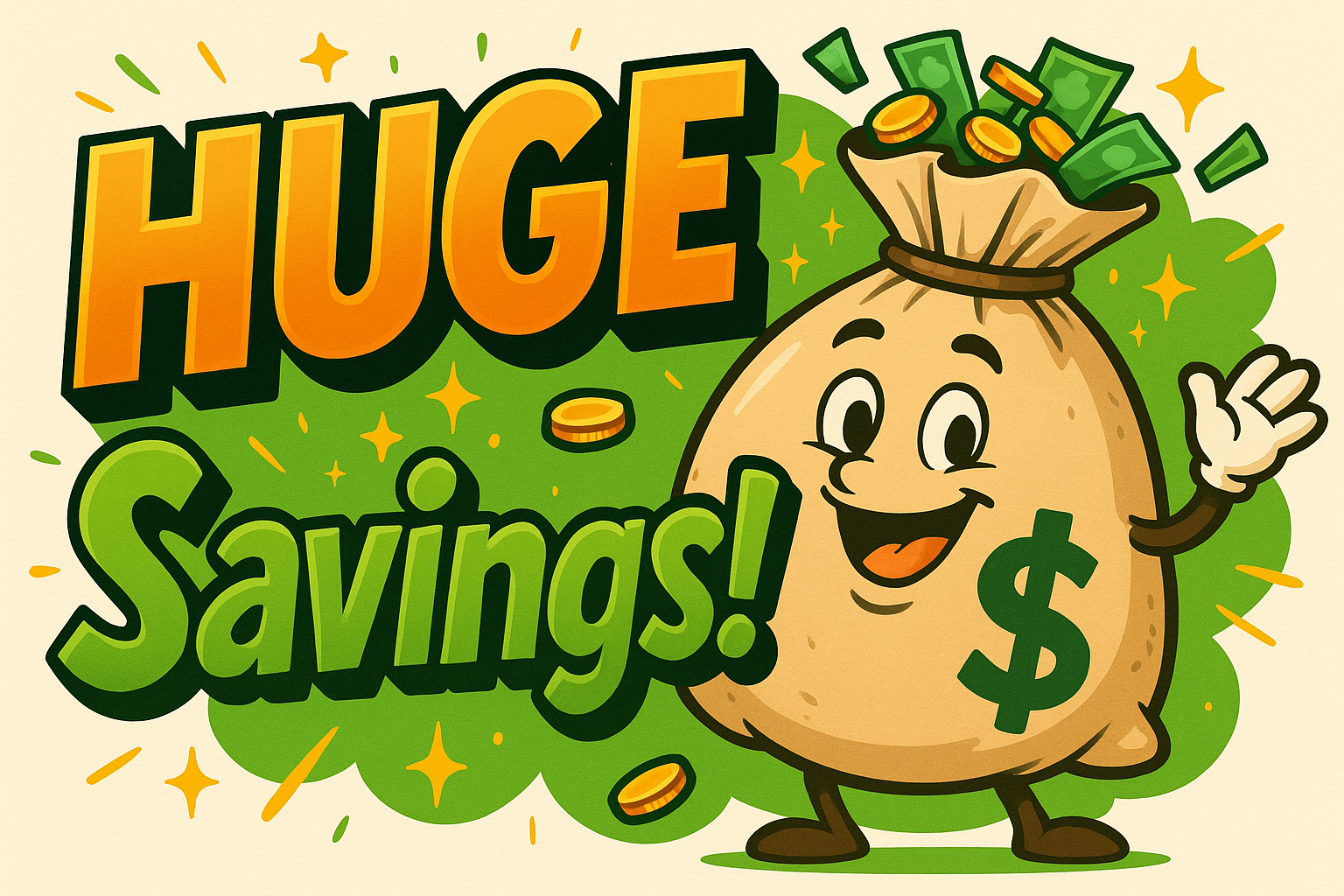 cartoon pictures that says HUGE Savings! with a money bag
